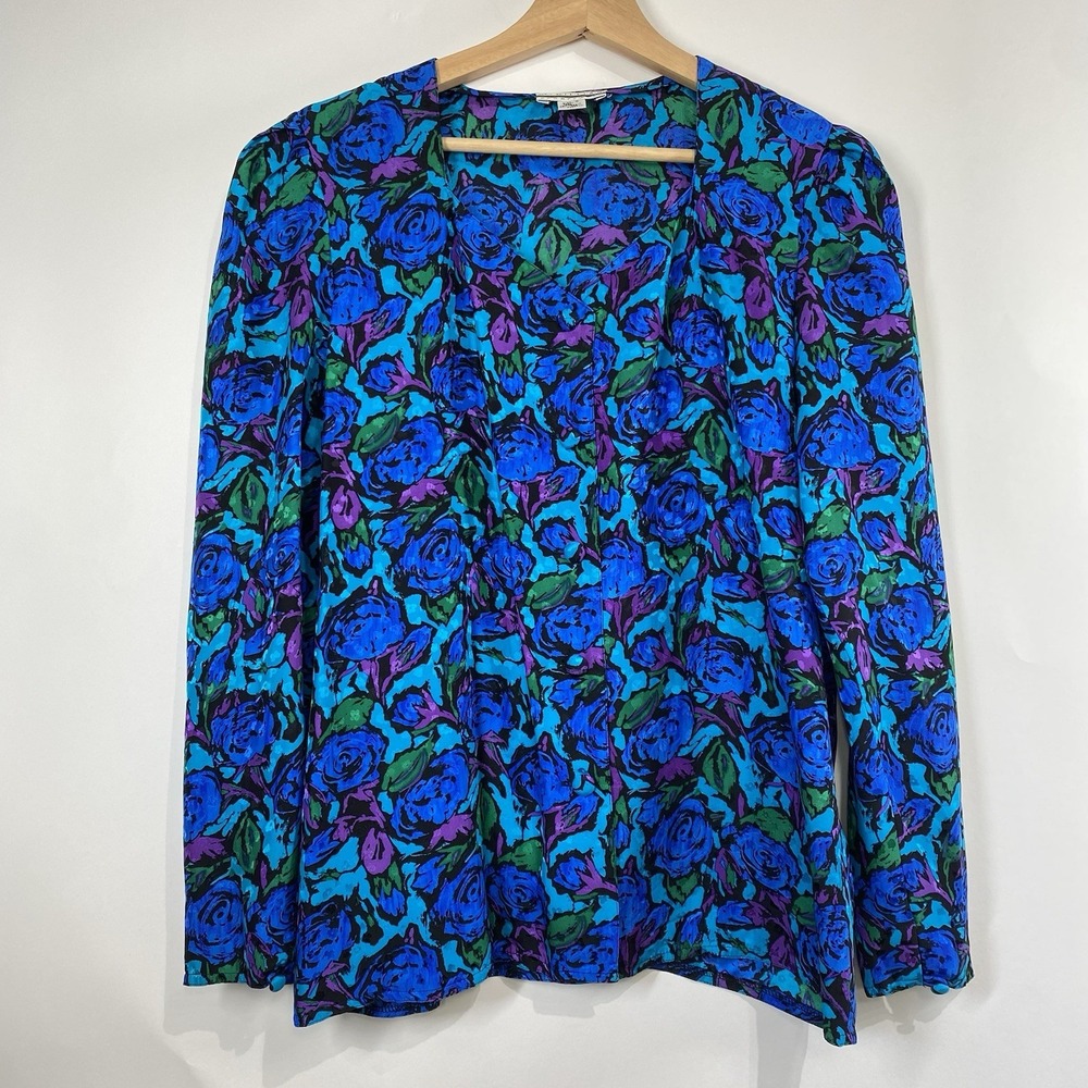 Vintage St Gillian Silk Blue Floral Maximalist Artsy Dopamine Button Top 6